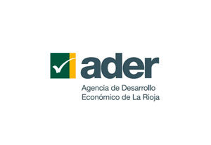 Logotipo ader, Agencia de Desarrollo Económico de La Rioja. Letras en gris oscuro e icono en forma de tick en blanco sobre cuadro en amarillo y verde Cliente de andrea aragón